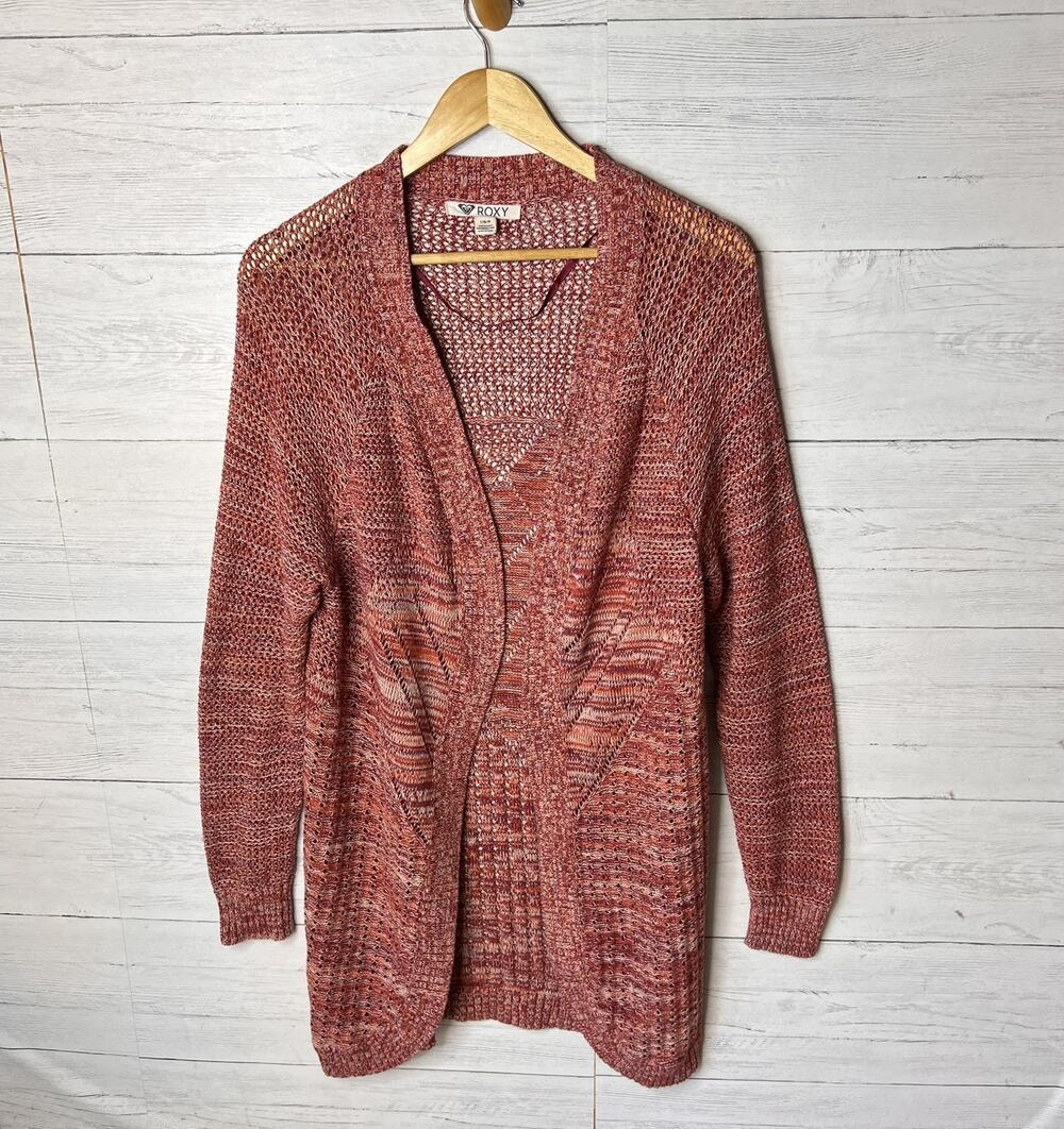 Roxy Sweater Womens Size Large Heathered Rose Pink Open Cardigan 100% Cotton